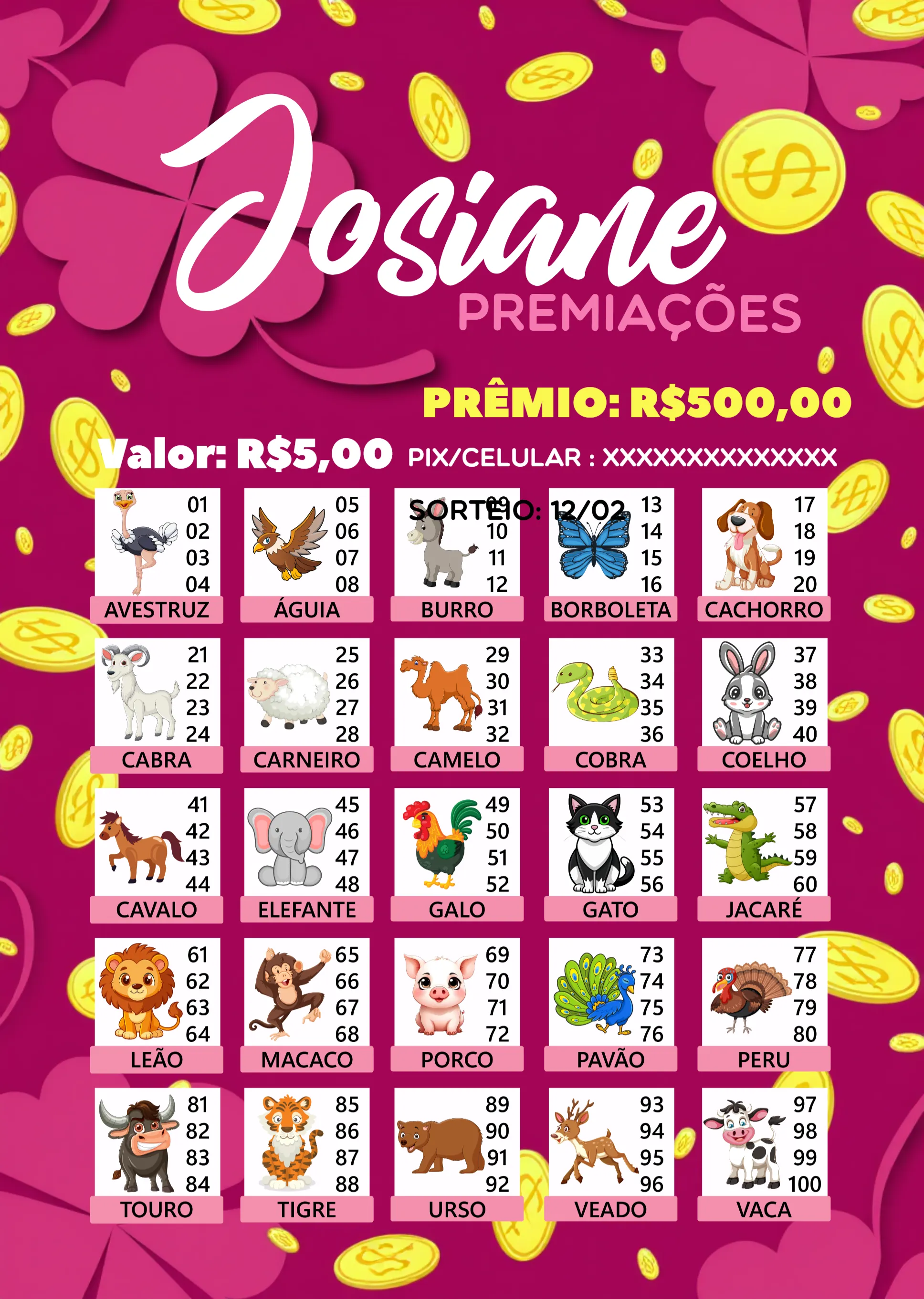 Convite Rifa De Bicho Premiações Animais editável e personalizável