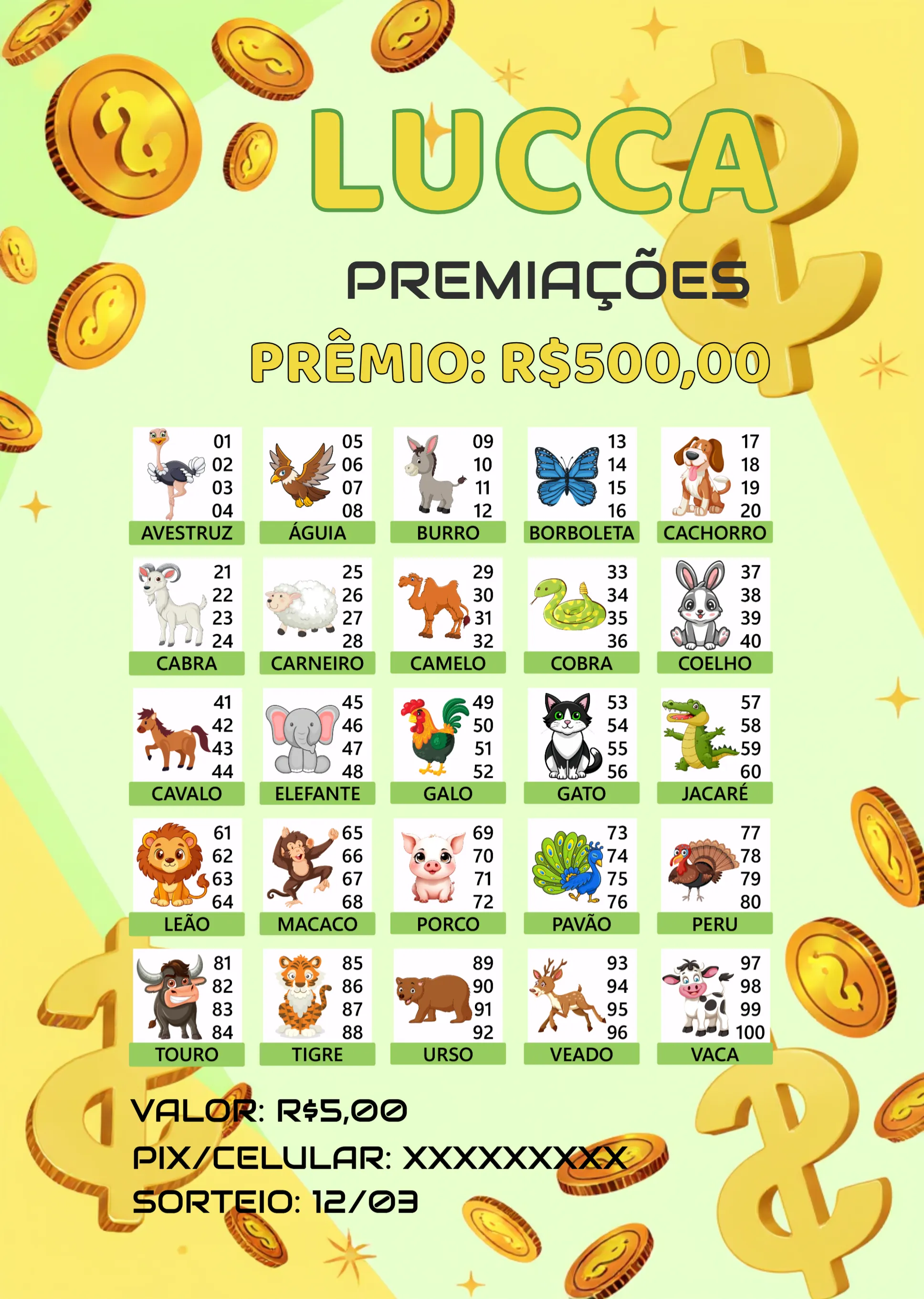 Convite Rifa De Bicho Premiações Animais editável e personalizável