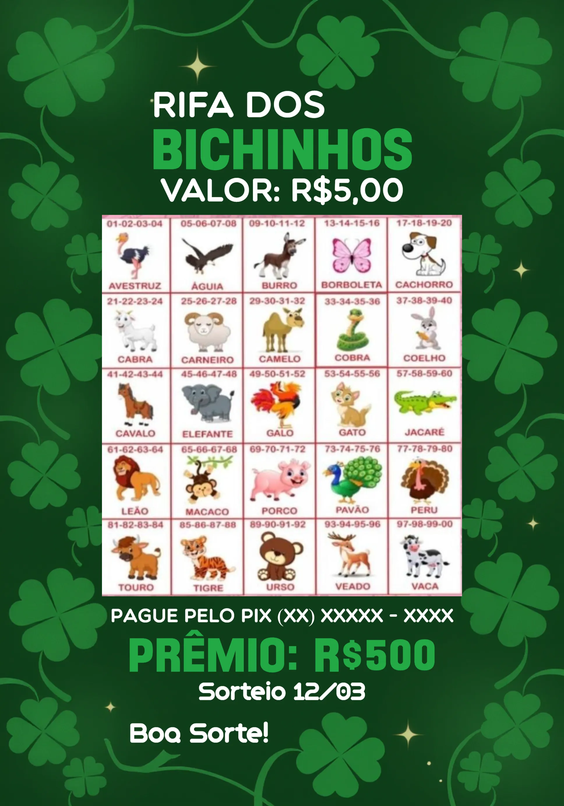 Convite Rifa De Bicho Premiações Bichinhos editável e personalizável