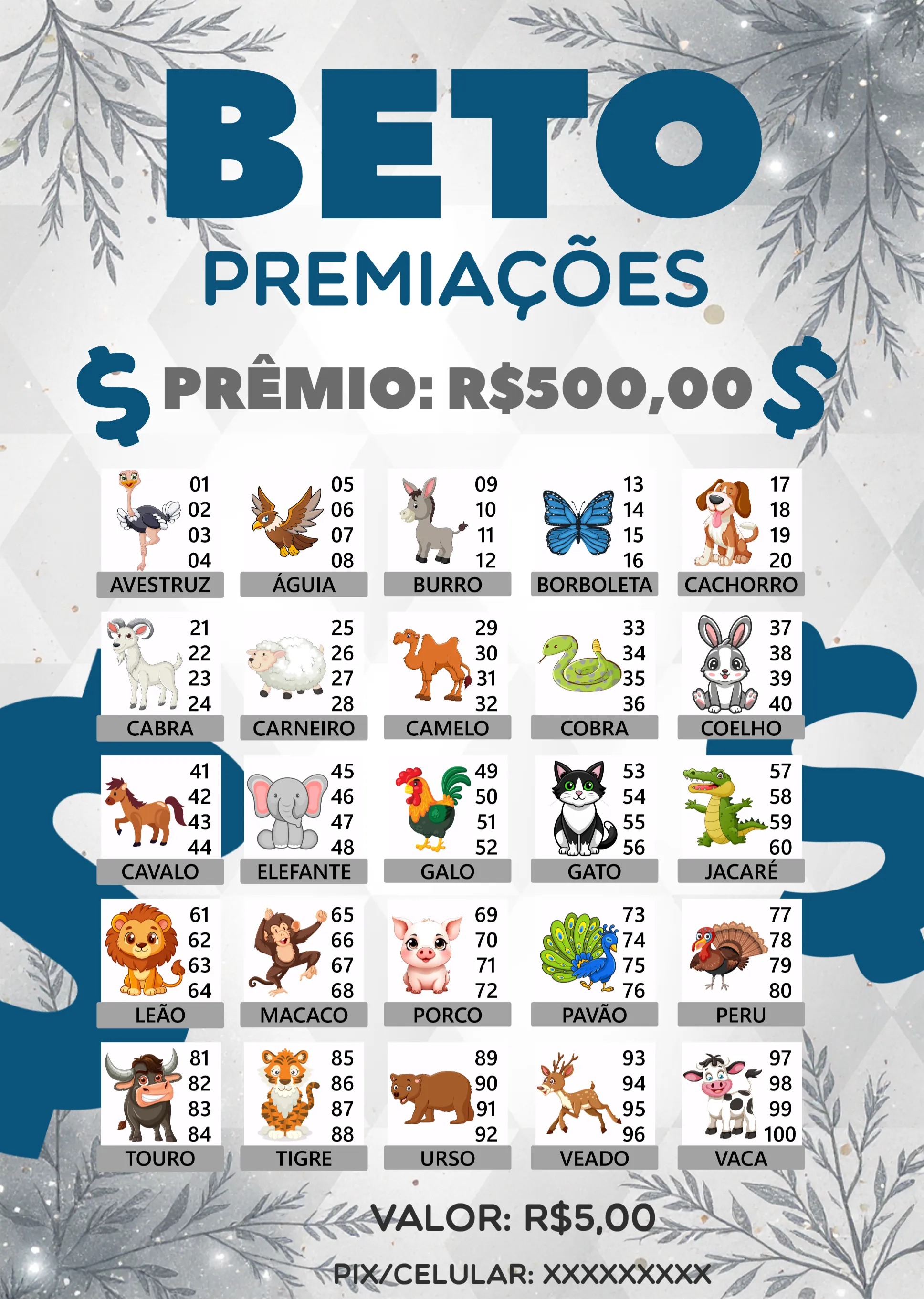 Convite Rifa De Bicho Premiações Cartela editável e personalizável