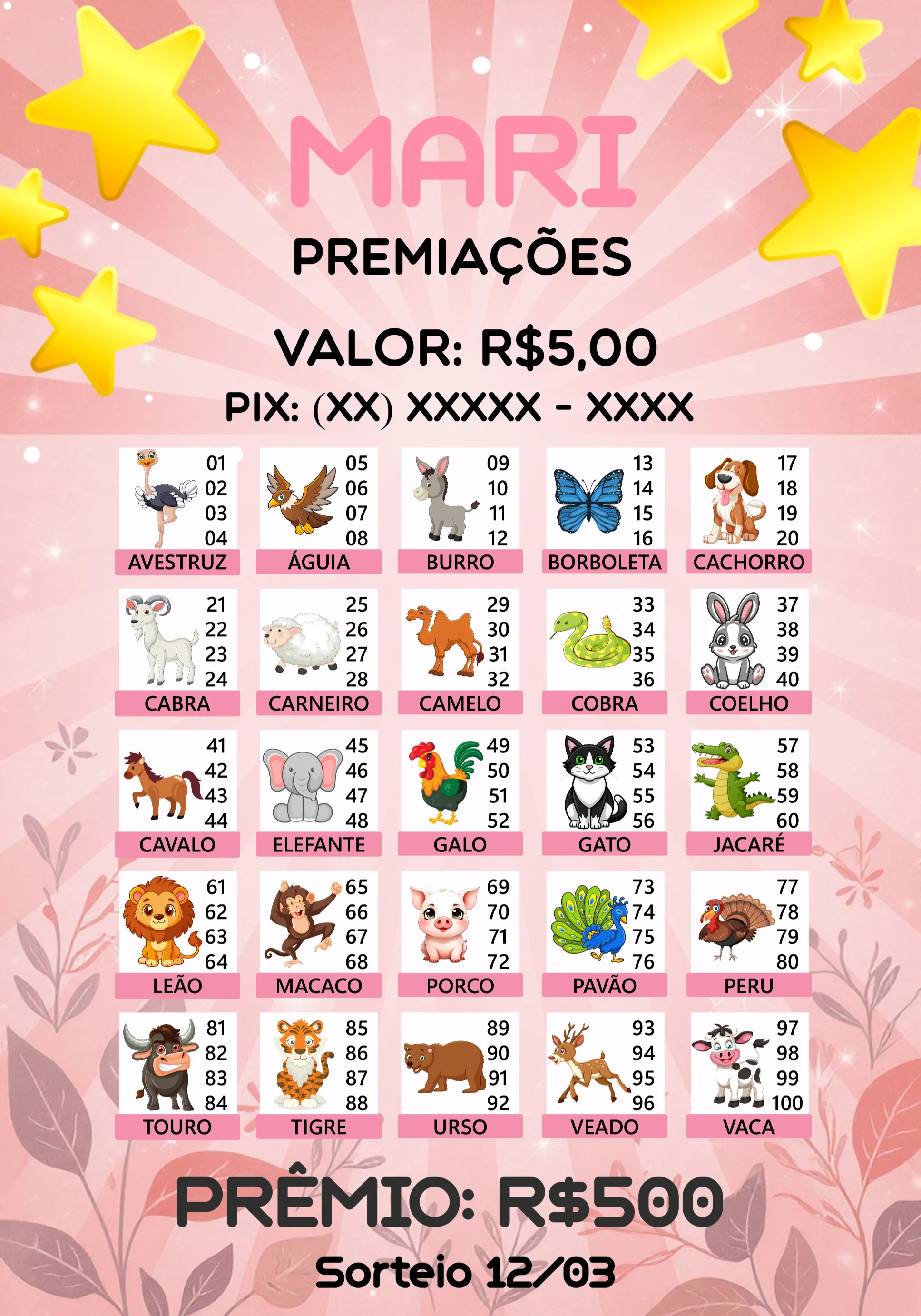 Convite Rifa De Bicho Premiações Estrela editável e personalizável