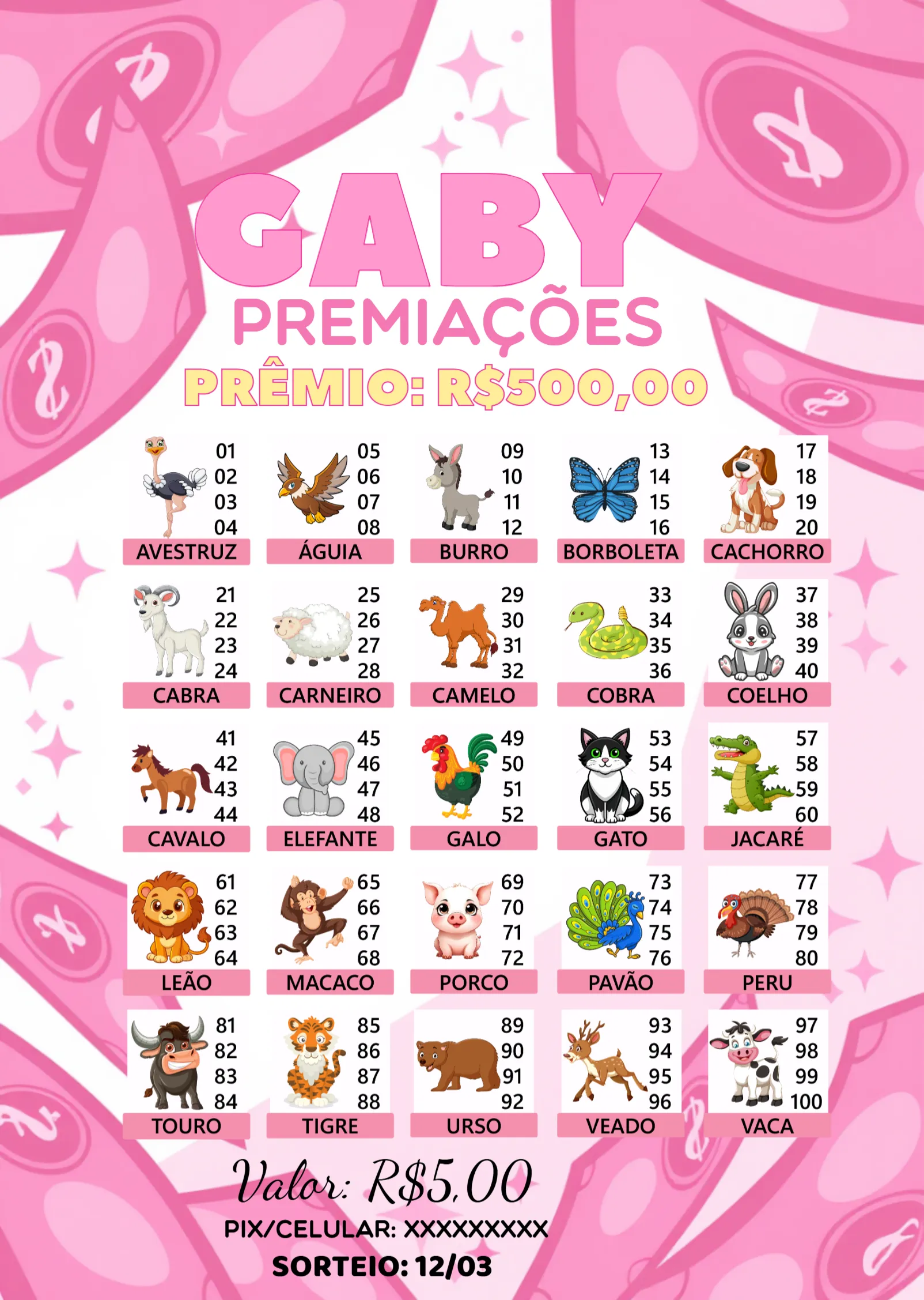 Convite Rifa De Bicho Premiações Jogo editável e personalizável