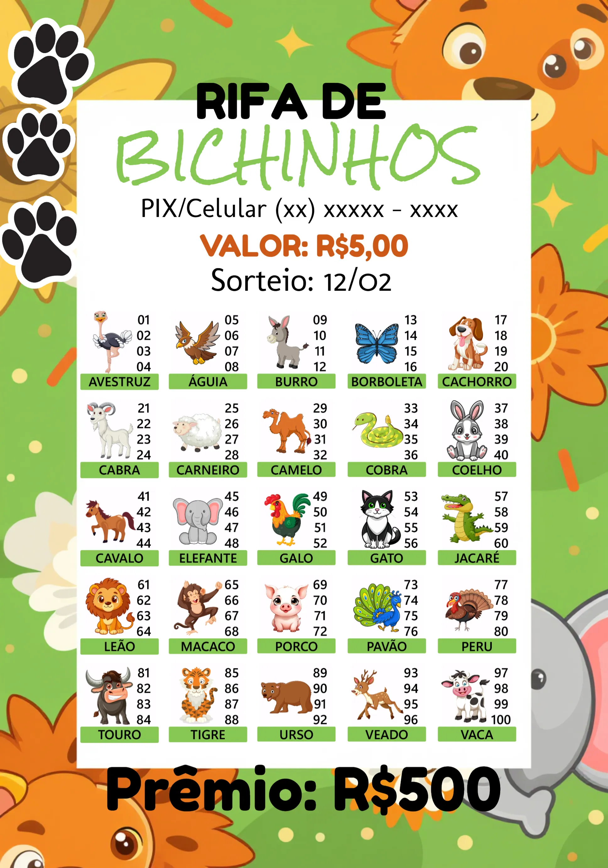 Convite Rifa De Bicho Premiações Sinheiro editável e personalizável