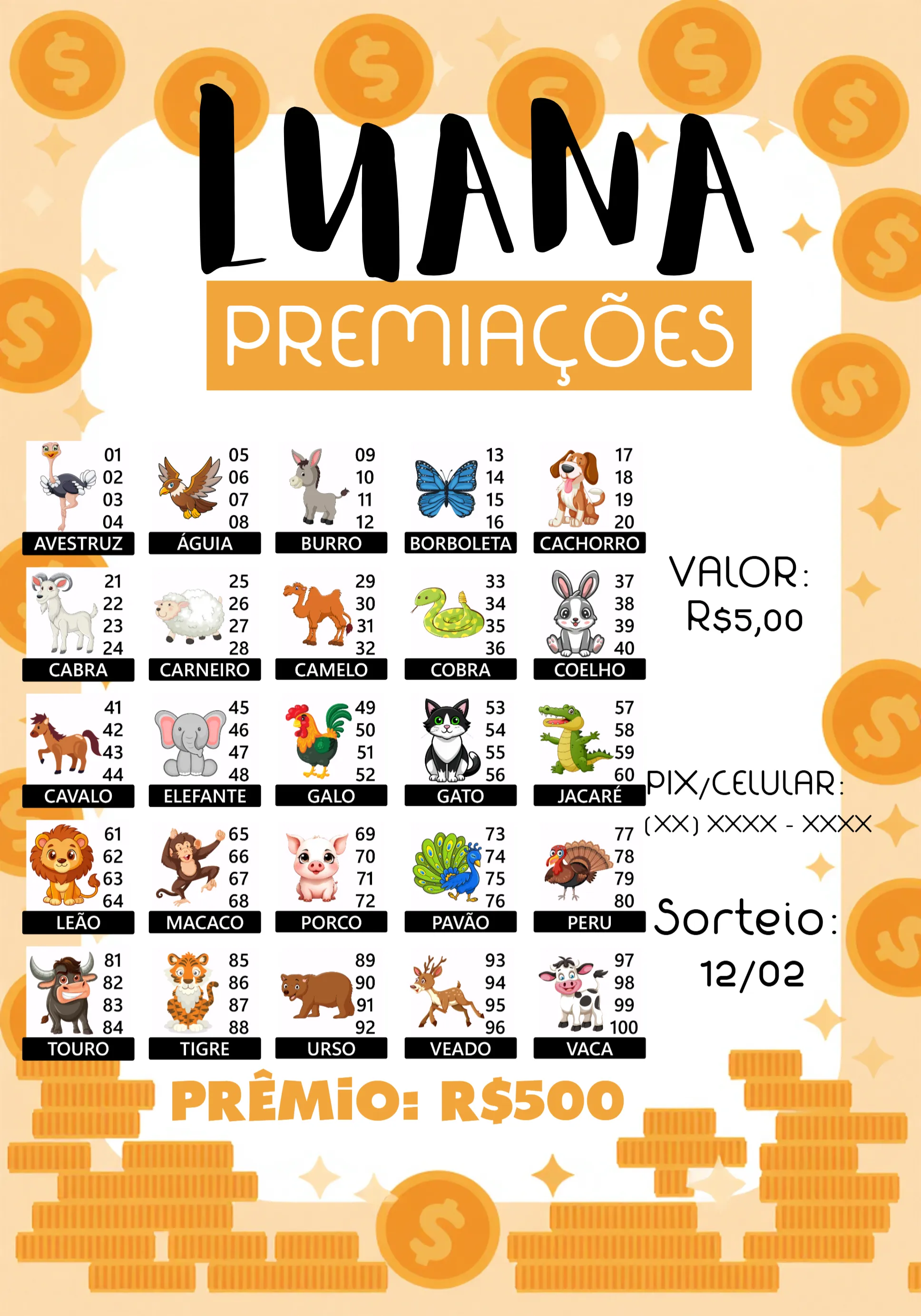 Convite Rifa De Bicho Premiações Bichinhos editável e personalizável
