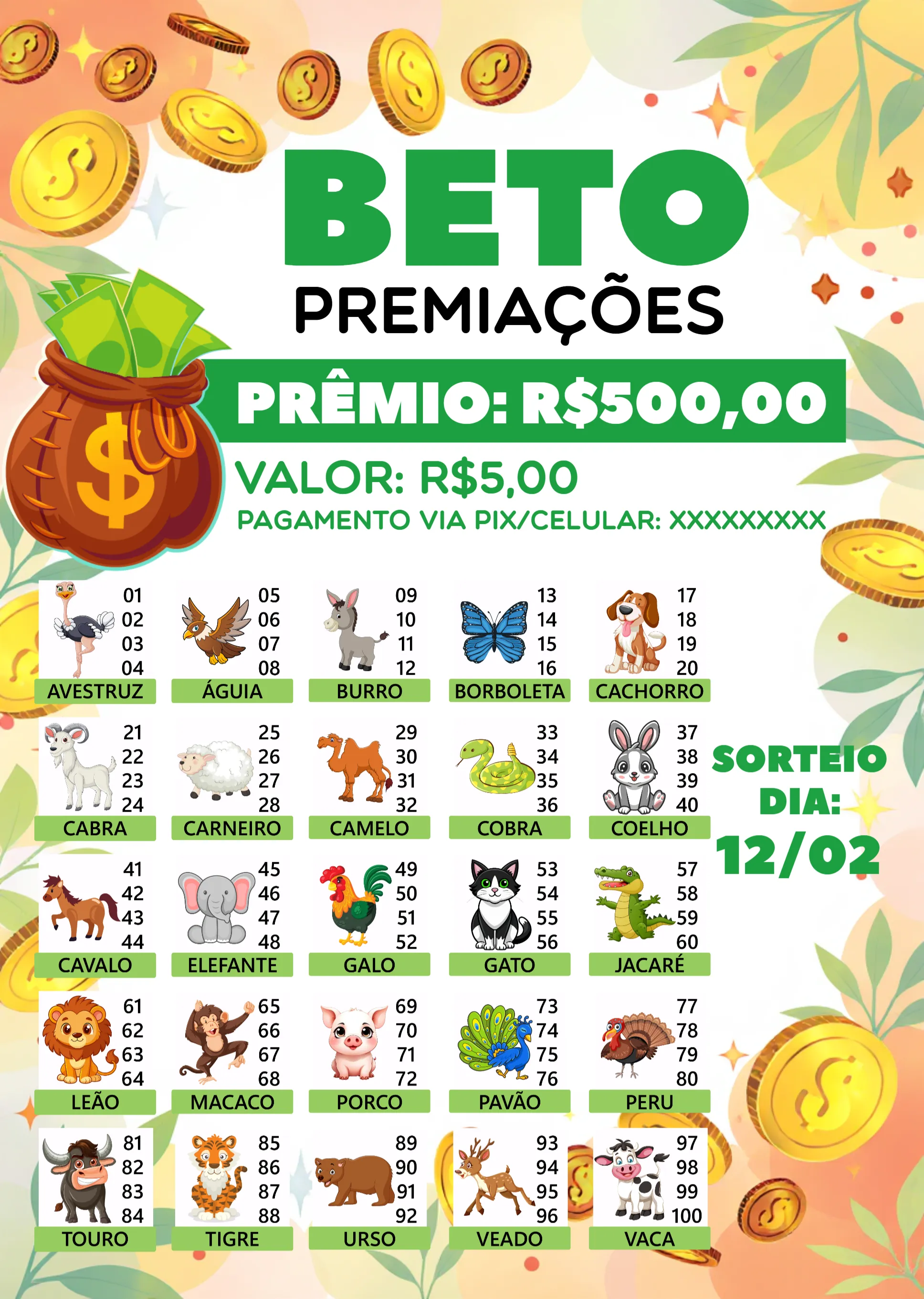 Convite Rifa De Bicho Premiações Premiacoes editável e personalizável