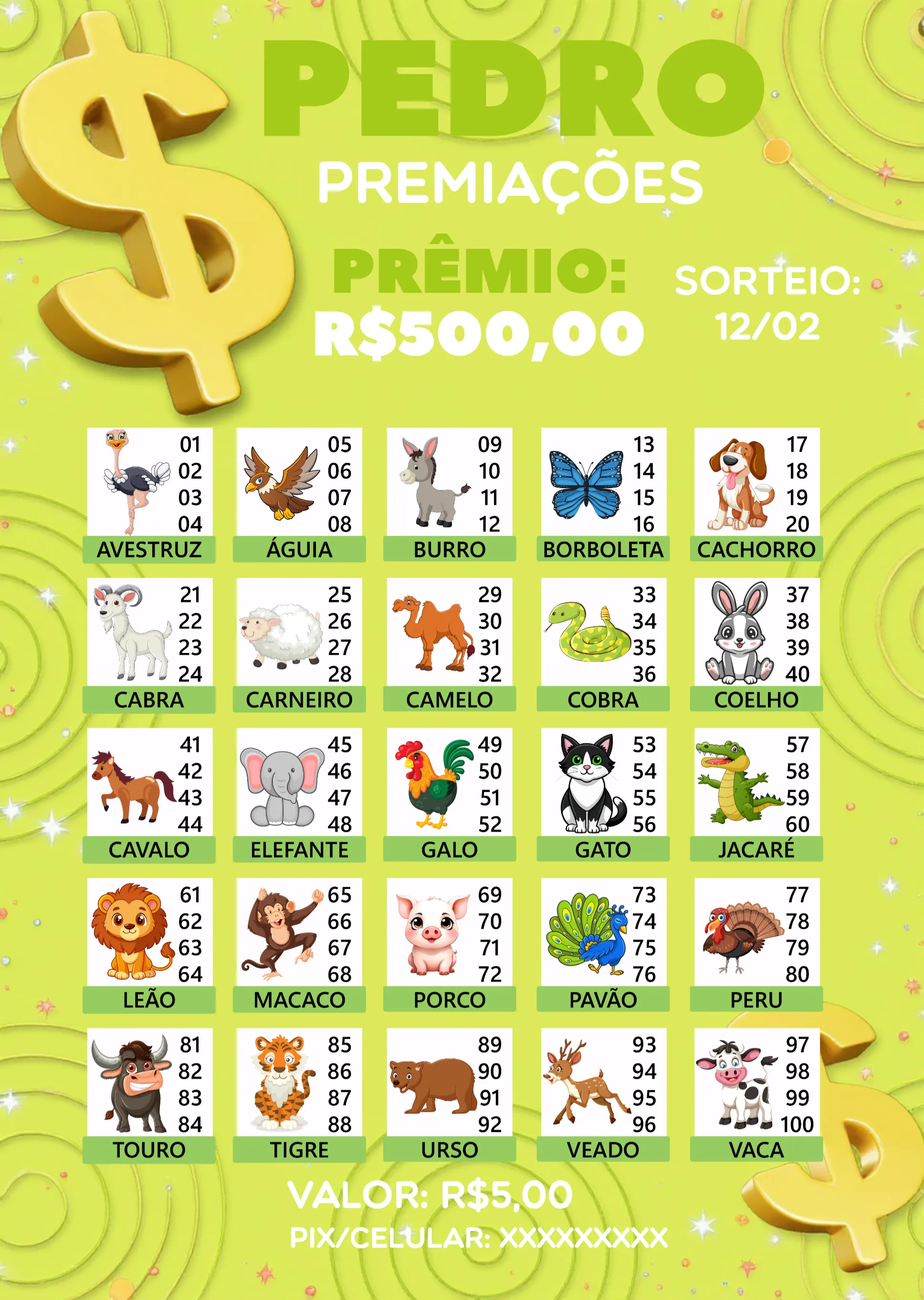 Convite Rifa De Bicho Premiações Premiacoes editável e personalizável