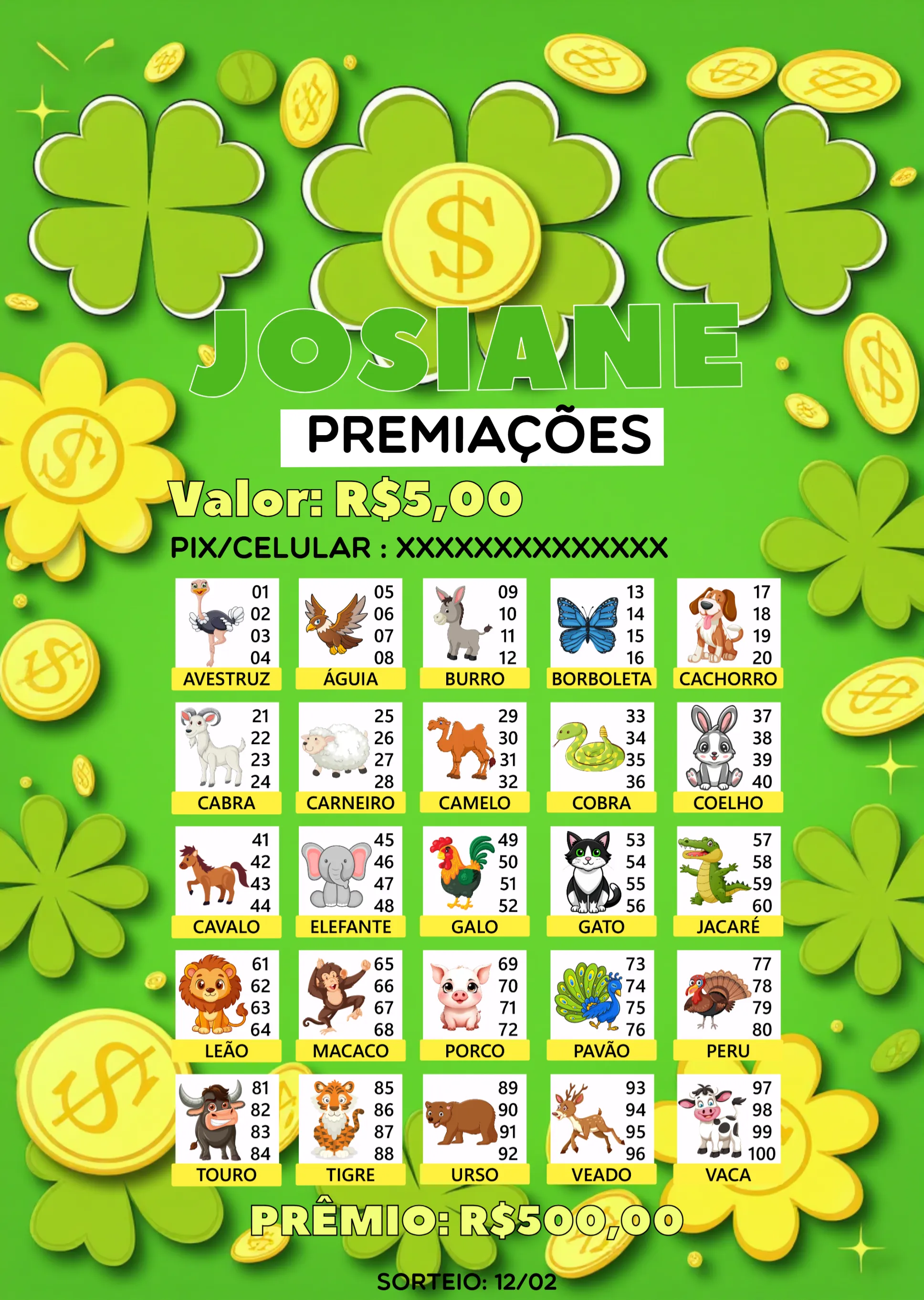 Convite Rifa De Bicho Premiações Premio editável e personalizável