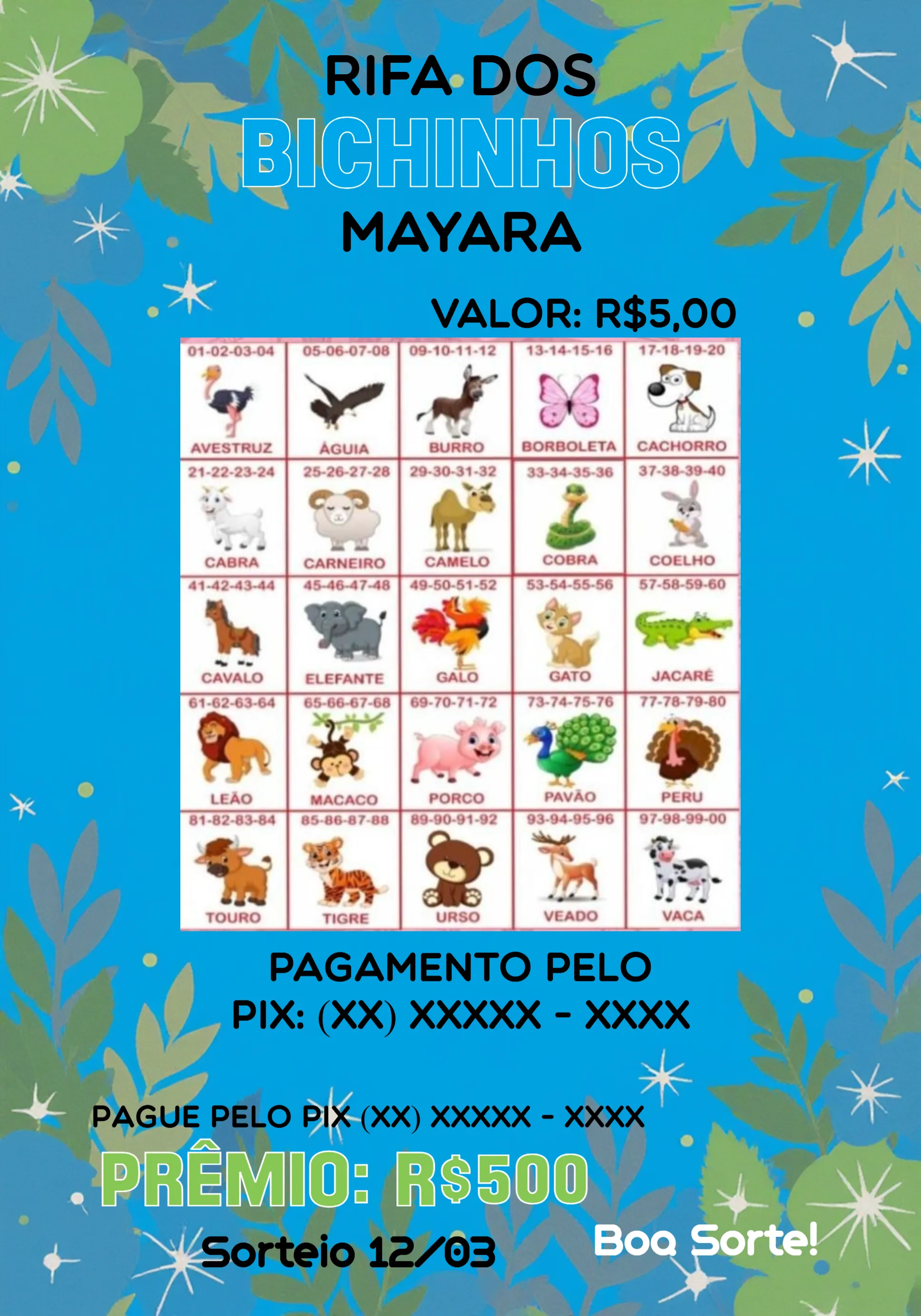 Convite Rifa De Bicho Premiações Primiação editável e personalizável