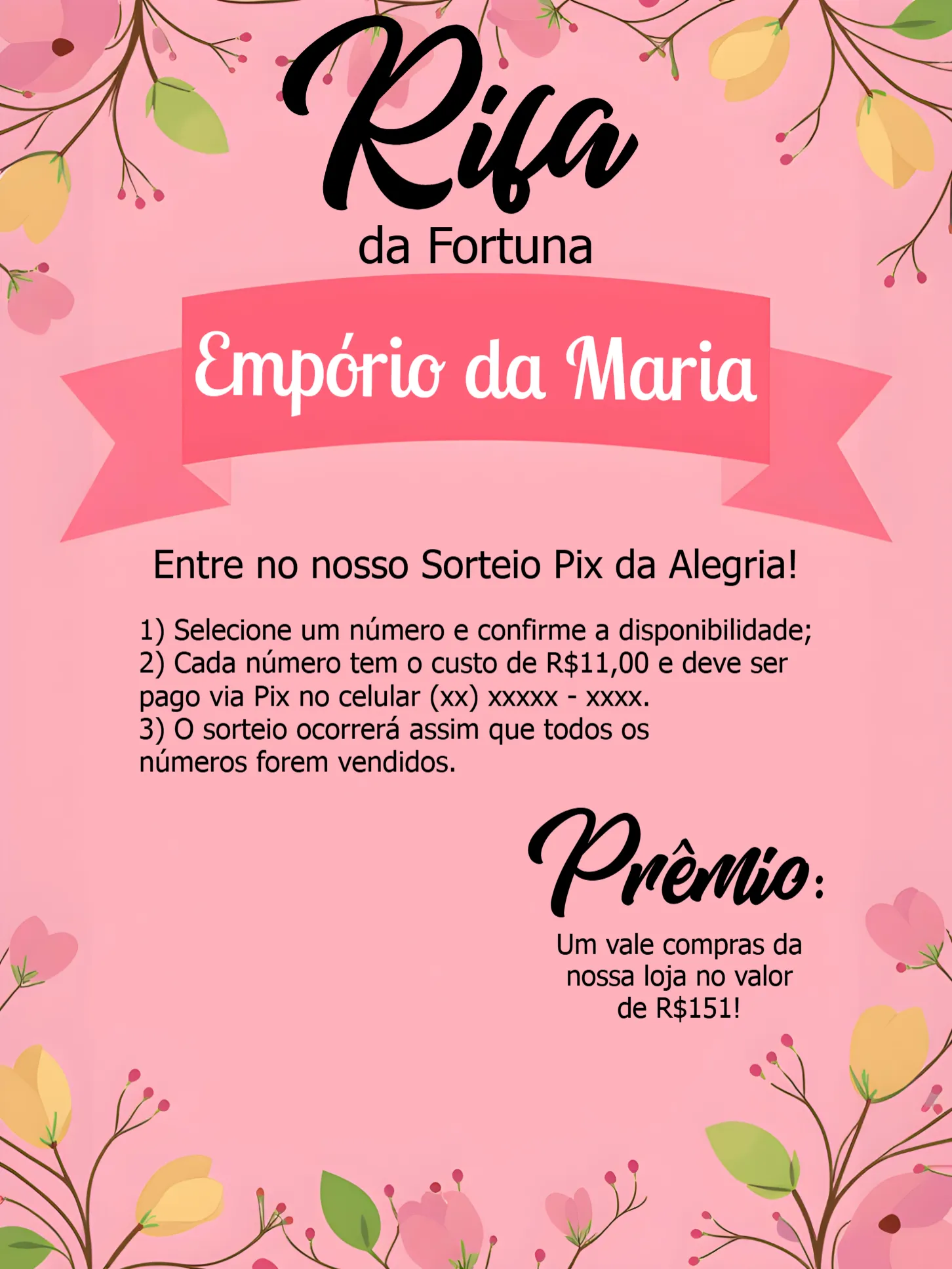 Convite Rifa Pix Da Sorte Floral Rosa editável e personalizável