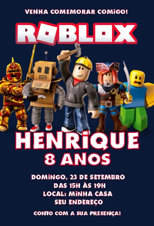 Convite Roblox azul menino editável e personalizável