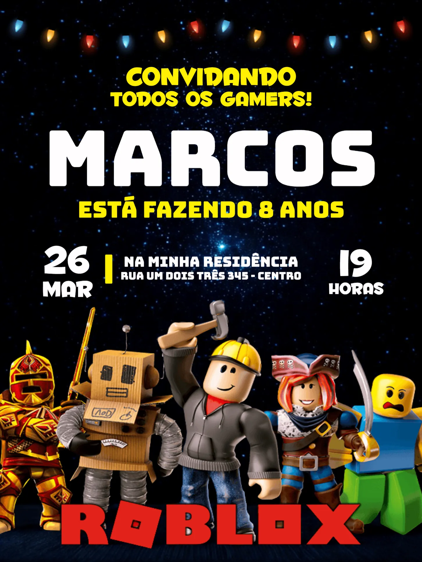 Convite Roblox Branco editável e personalizável