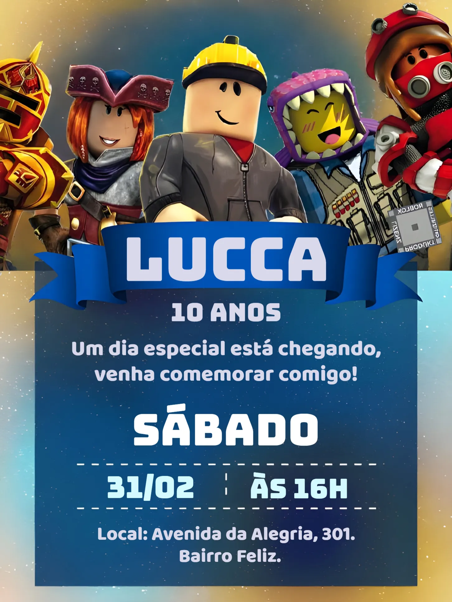 Convite Roblox Menino Game editável e personalizável