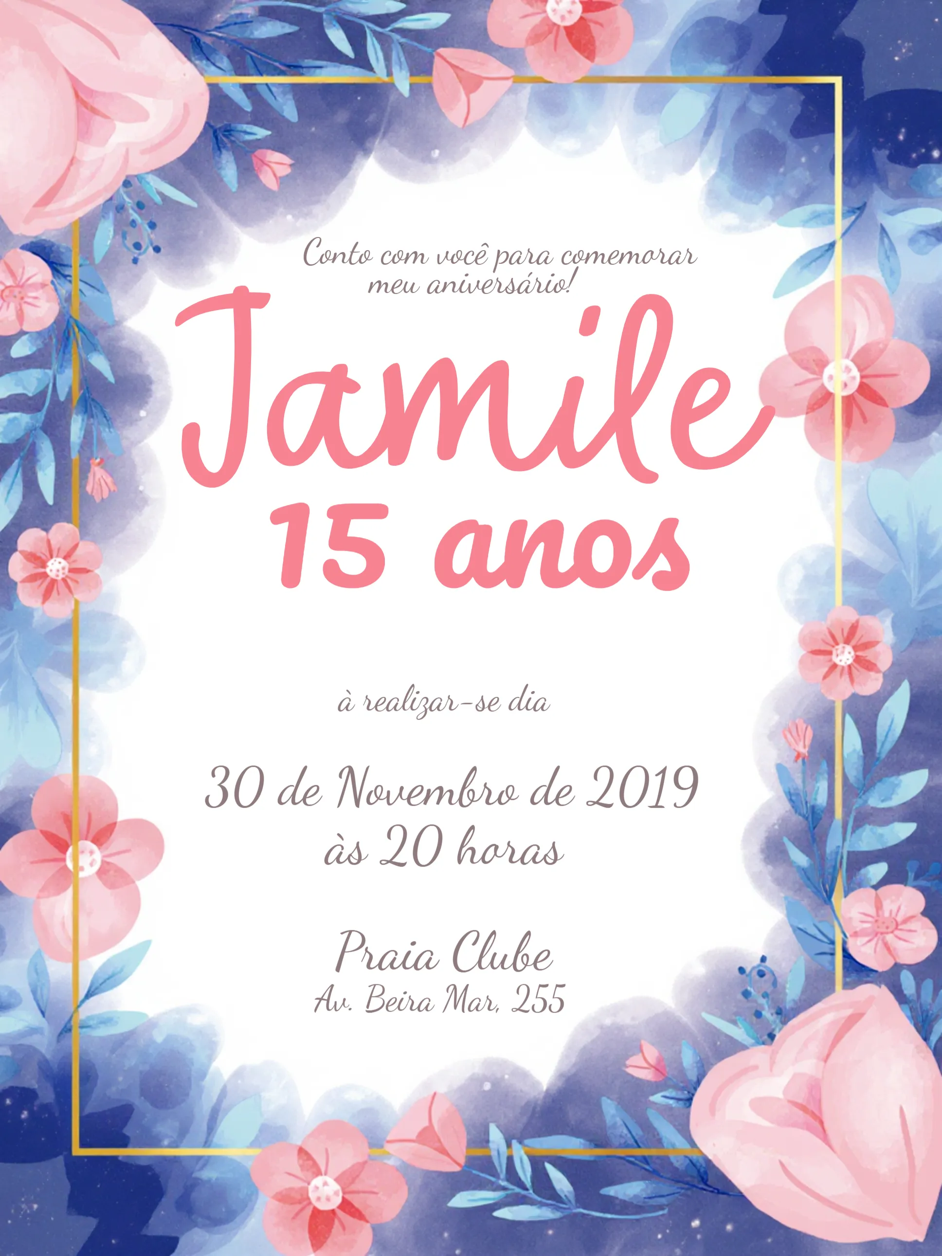 Convite Rosa Floral - 15 Anos Delicado editável e personalizável