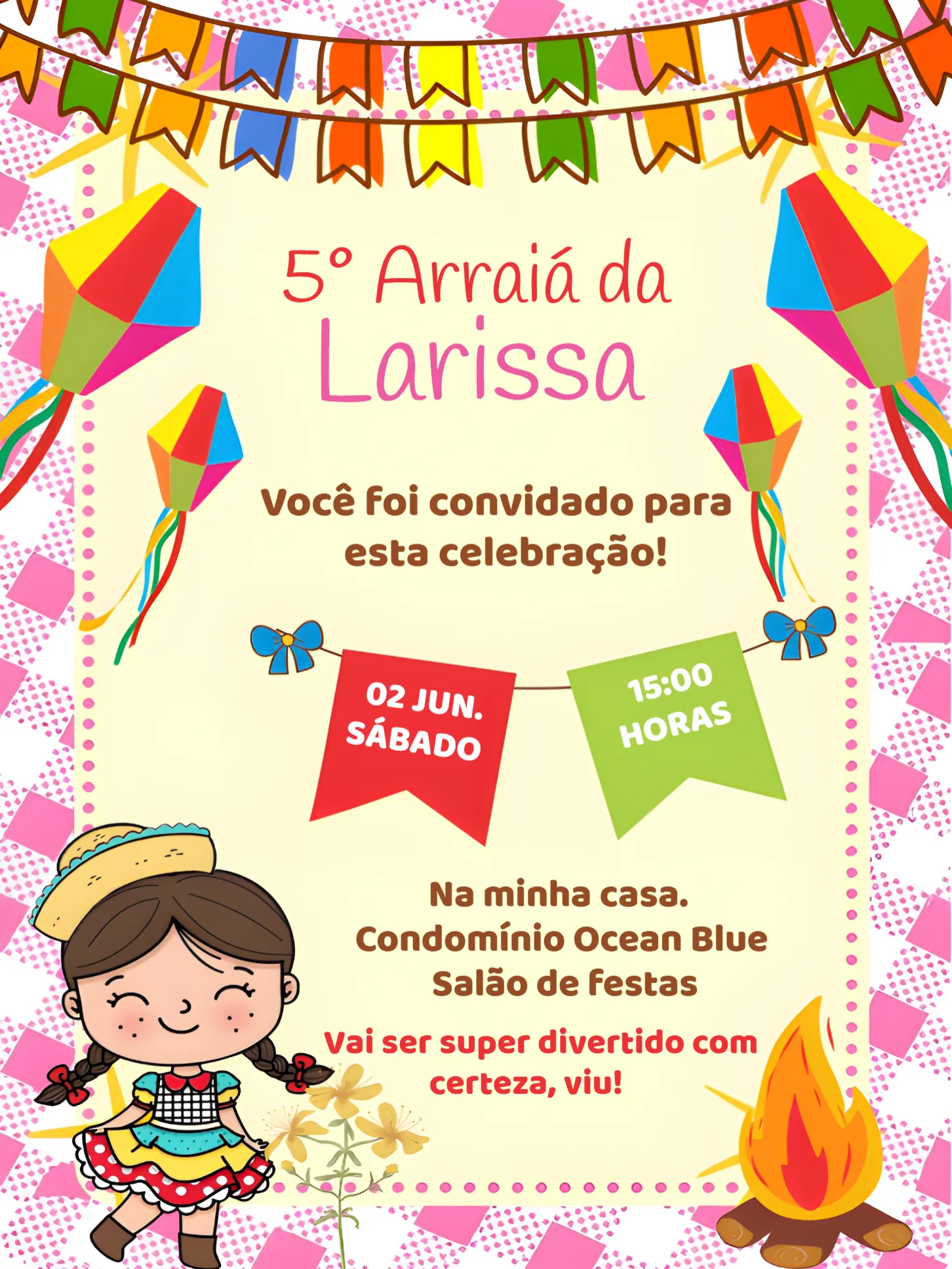 Convite São João Arraiá Menina editável e personalizável