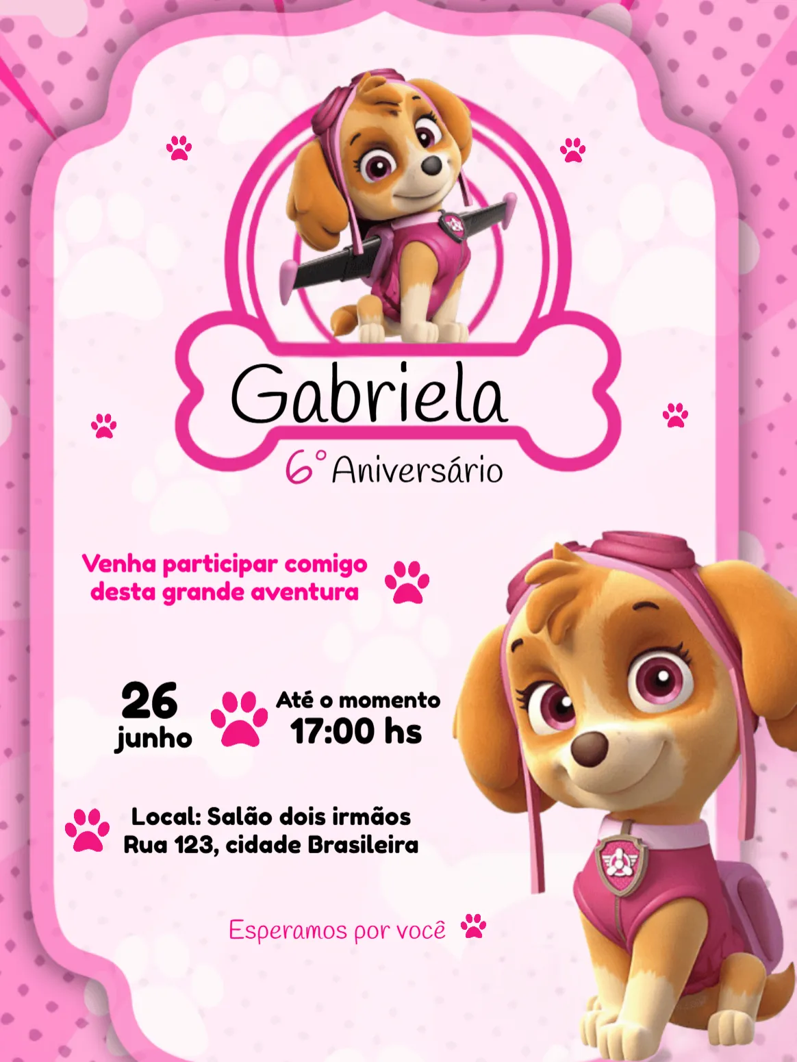 Convite Skye Patrulha Canina Animação editável e personalizável