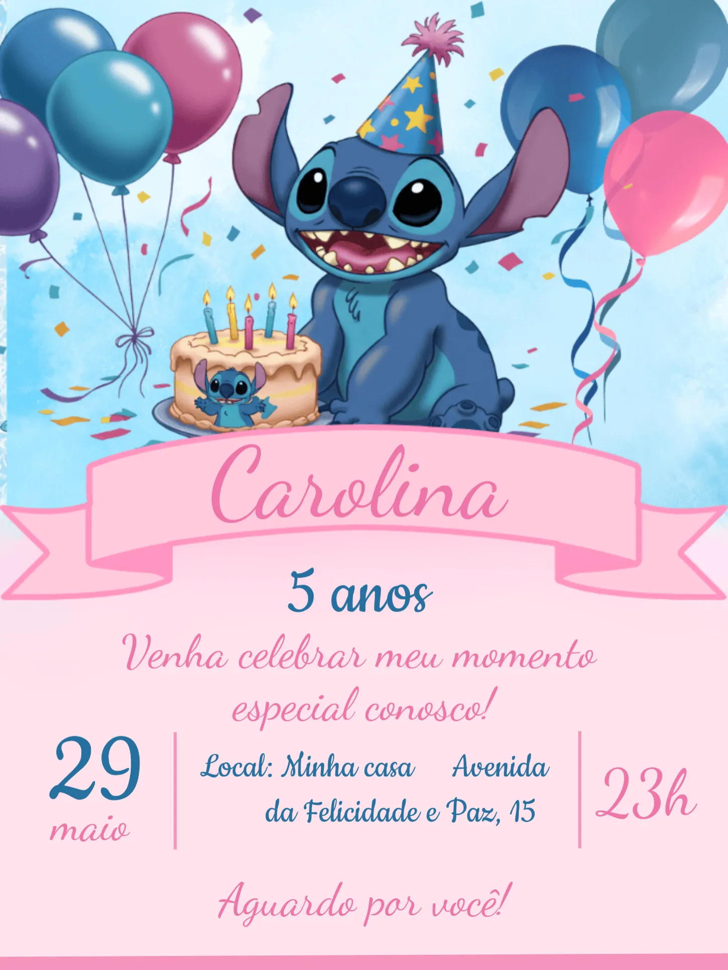 Convite Stitch Azul editável e personalizável