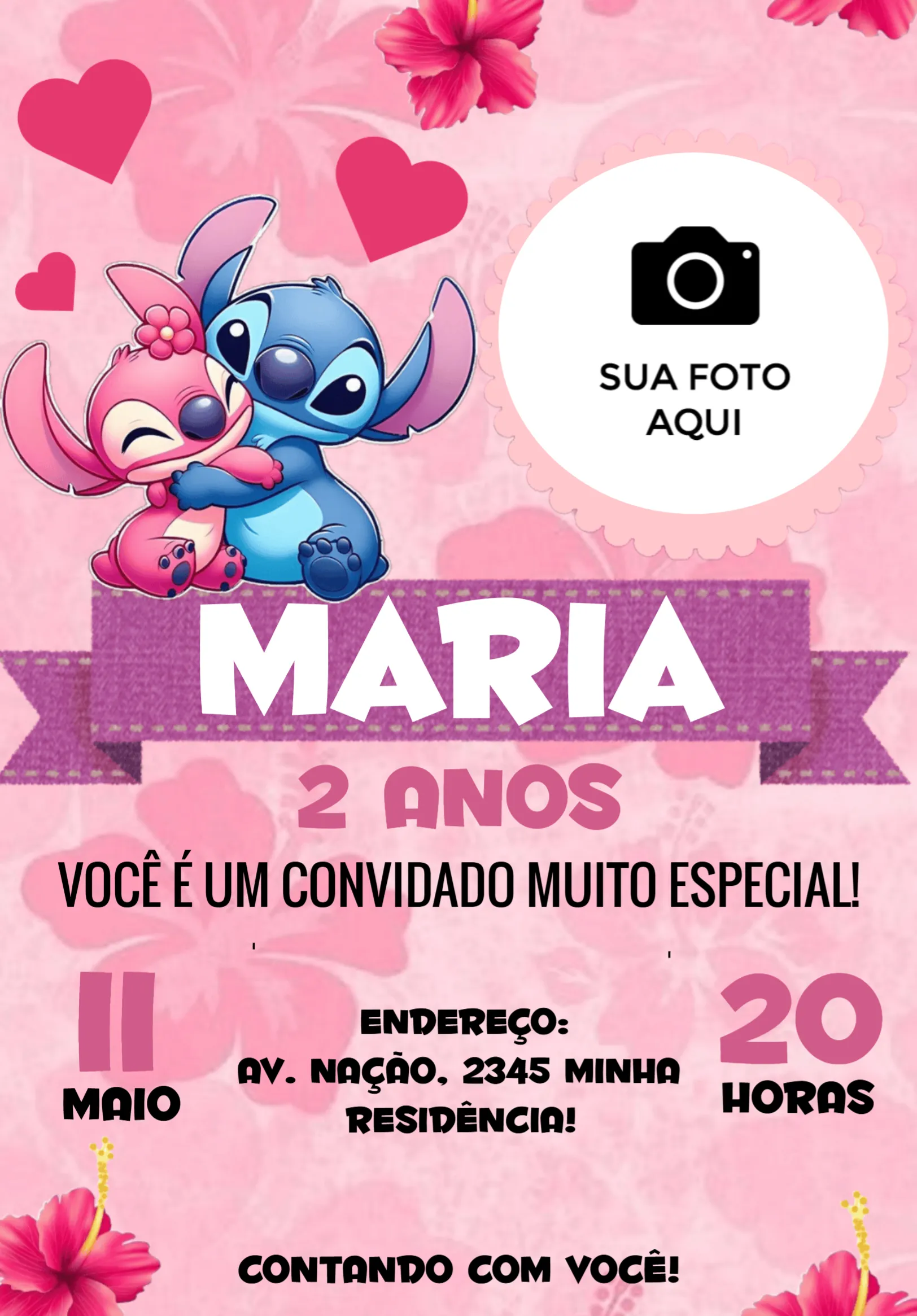 Convite Stitch E Angel Com Foto Azul editável e personalizável