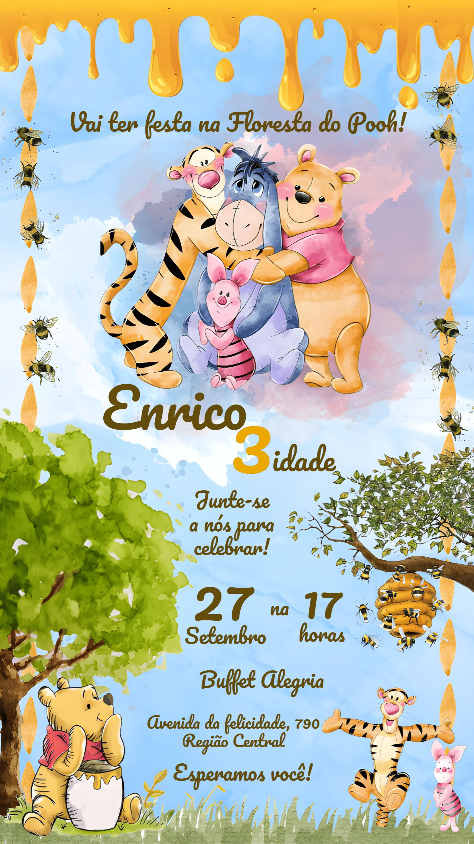 Convite Ursinho Pooh Aquarela Abelha para mais pesquisados