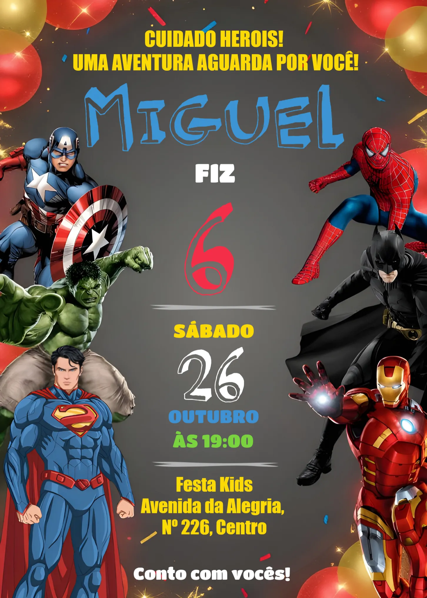 Convite Vingadores Capitão editável e personalizável